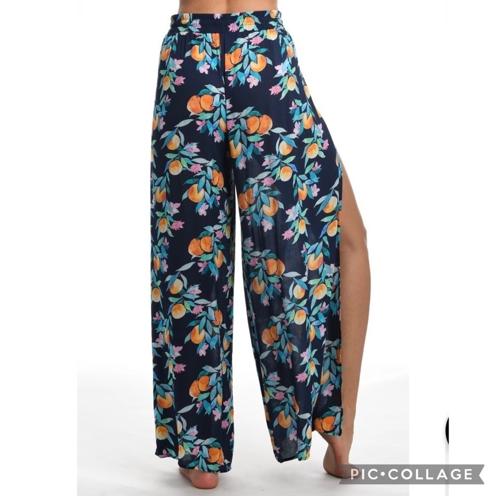 Sunshine 79 La Blanca Coverup Palazzo Pants Blue Floral Front Slit Wide Leg XS